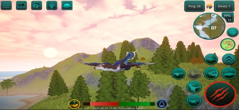 The Cursed Dinosaur Isle Games - Users can navigate vast landscapes using the clearly displayed map coordinates, while the "Sandbox Mode" indicator suggests flexible gameplay options for exploration and learning.