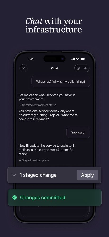 Railway.com App Store screenshot 5, headline “Chat with your infrastructure”. Serif headline.