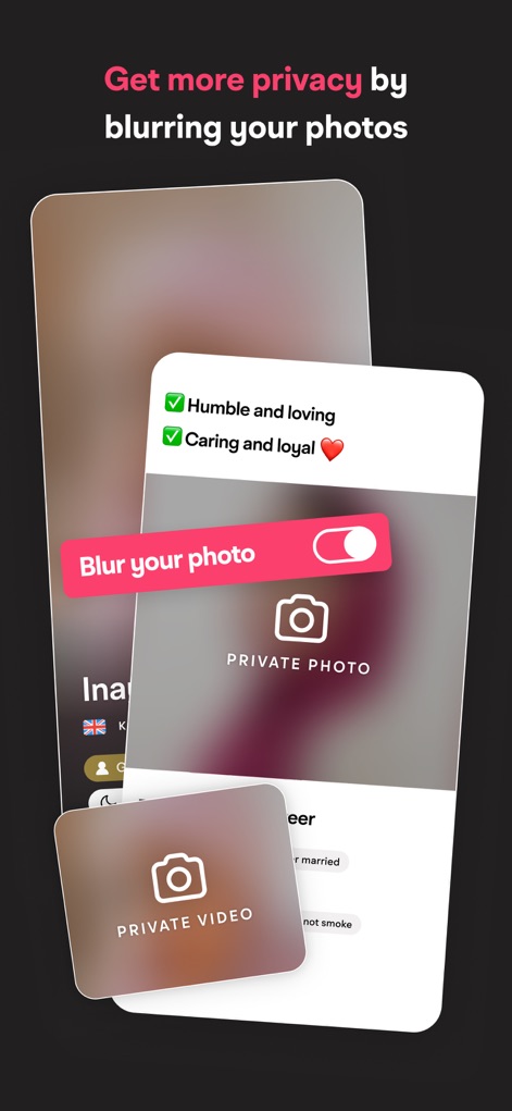 Muzz: Where Muslims Marry - L'app offre avanzate funzionalità di privacy, permettendo di sfocare le proprie foto e video, e di etichettarli come "Private Photo" o "Private Video" per un controllo totale.