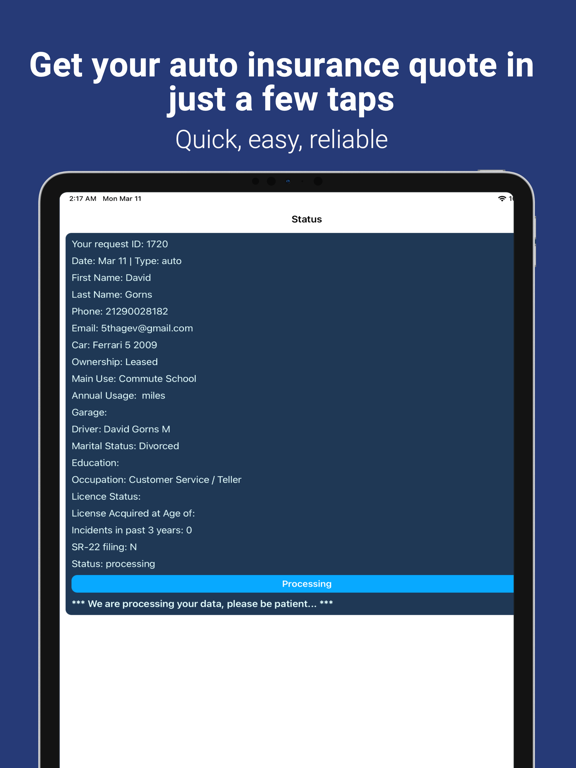 Auto Insurance Quote iPad screenshot 2 - Utilities app