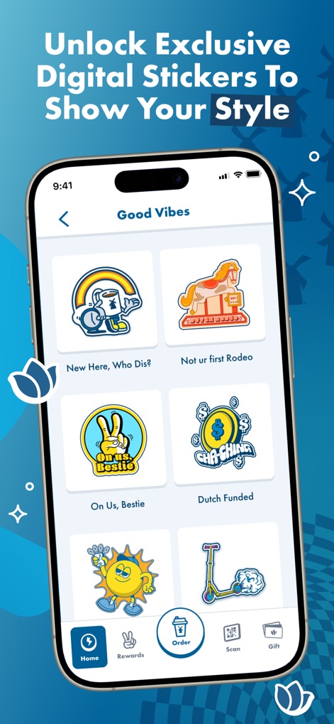 Dutch Bros - This section allows users to personalize their app experience by collecting unique digital stickers and displaying their individual style.