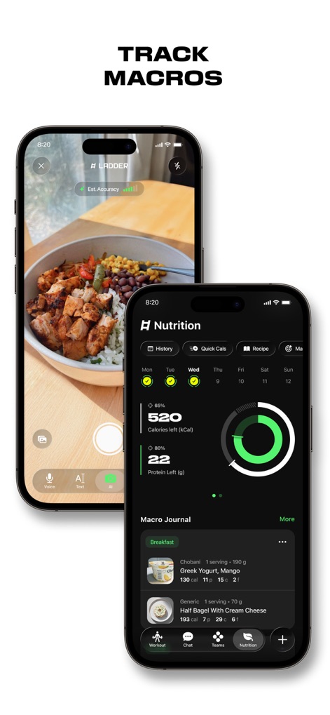 LADDER Strength Training Plans - The app facilitates detailed nutrition tracking, allowing users to monitor their daily calorie intake and protein goals, complemented by an integrated macro journal for logging meals.