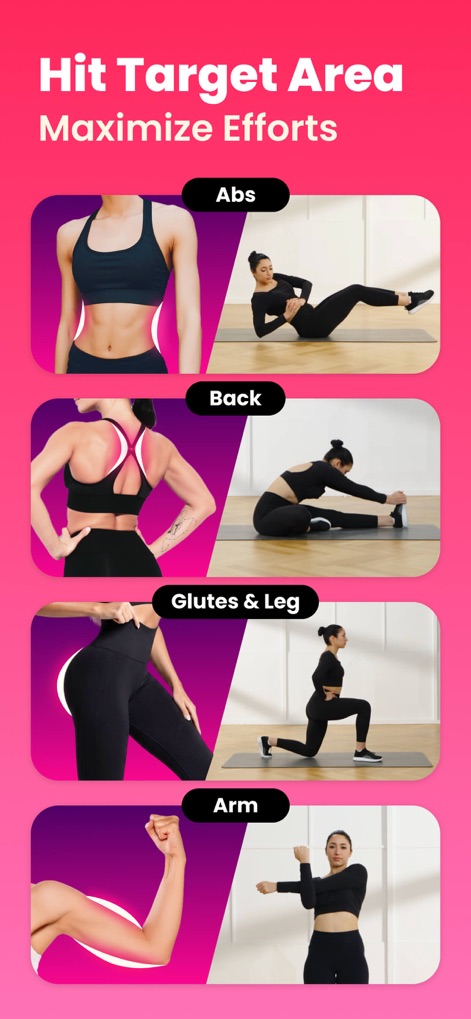 Workout for Women: Fit at Home - Esta ferramenta permite que as usuárias concentrem seus esforços em áreas específicas do corpo, com visuais claros de **exercícios para o abdômen** e **para glúteos e pernas**, maximizando os resultados.