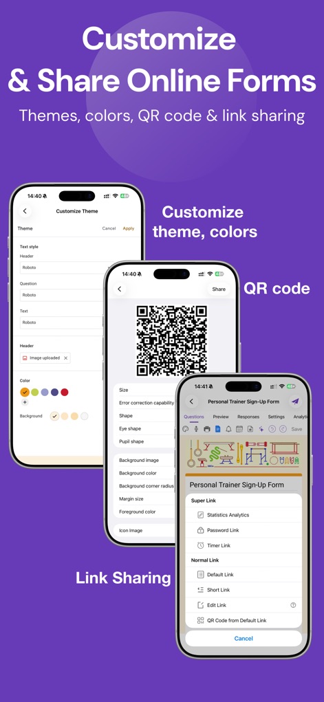 Forms for Google Drive - Se observan las amplias opciones de personalización de temas, como colores y fondos, además de la eficiente generación de códigos QR y enlaces para compartir los formularios.