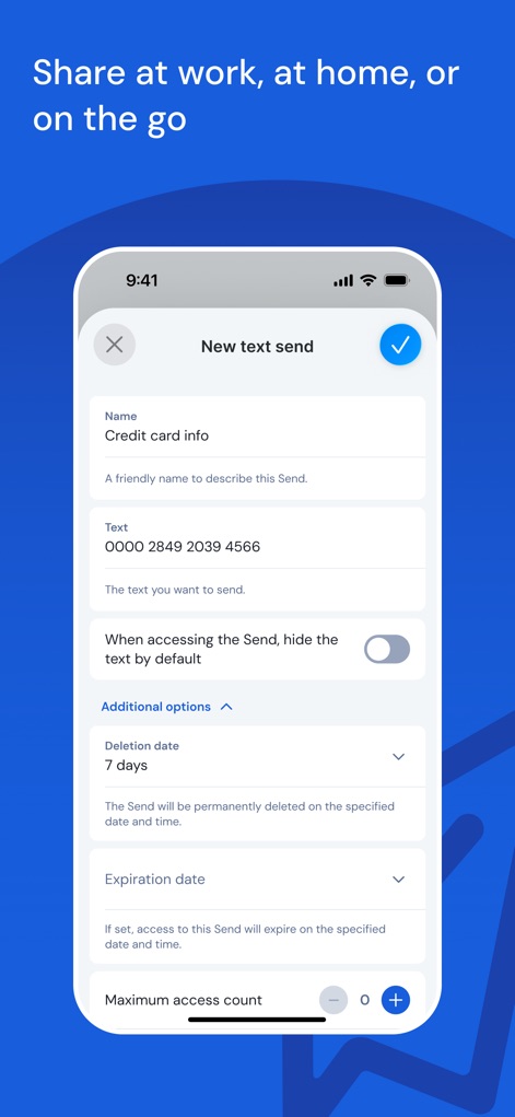 Bitwarden Password Manager - ユーザーは、クレジットカード情報のような機密テキストを安全に送信でき、削除日や有効期限を設定することで、共有データの管理とセキュリティを強化できます。