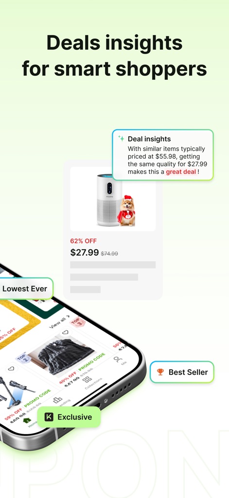 Koupon: Real Deals & Codes - The app provides comprehensive deal insights, featuring a detailed price analysis bubble and exclusive best-seller tags to guide purchasing decisions.