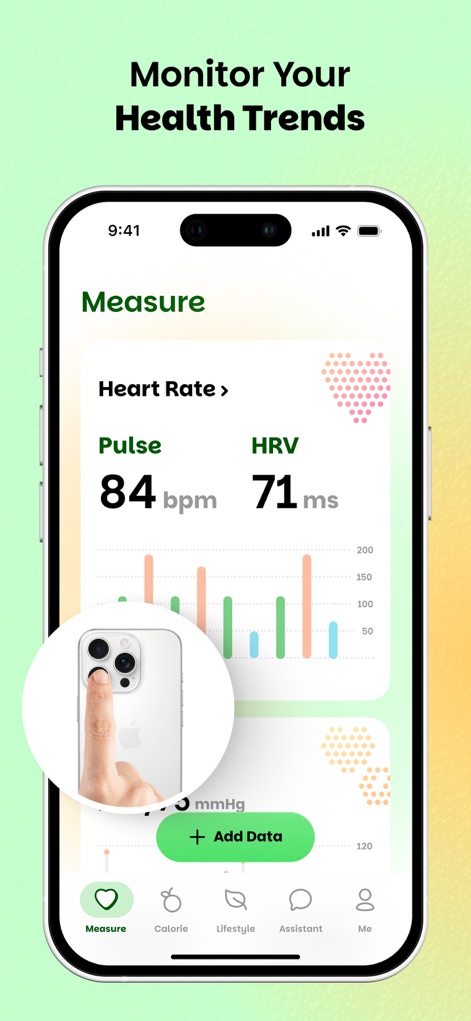 Wellify - Simplify Wellness - La aplicación ofrece una visión clara del bienestar cardiovascular, presentando mediciones de frecuencia cardíaca y variabilidad de la misma (HRV) junto a un gráfico de tendencias visualmente intuitivo.