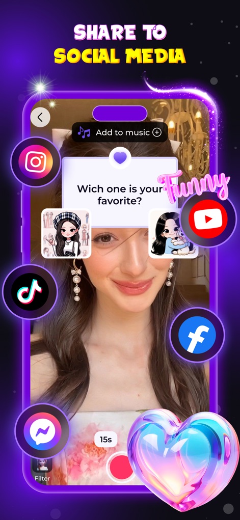 This or That: Funny Filter - Easily 'Share to Social Media' directly from the app, with prominent icons for platforms like Instagram and TikTok, alongside a vibrant heart graphic.