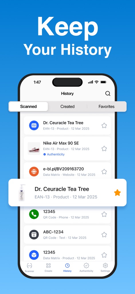 Barcode Price Scanner＋QR Code - L'historique conserve toutes les activités, des produits scannés comme la Nike Air Max 90 aux codes QR créés, pour un suivi aisé.
