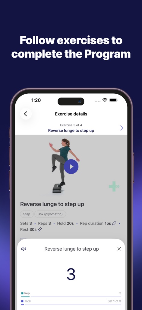PhysiApp - Follow real-time rep counts and detailed video instructions to correctly complete each phase of a clinical exercise.