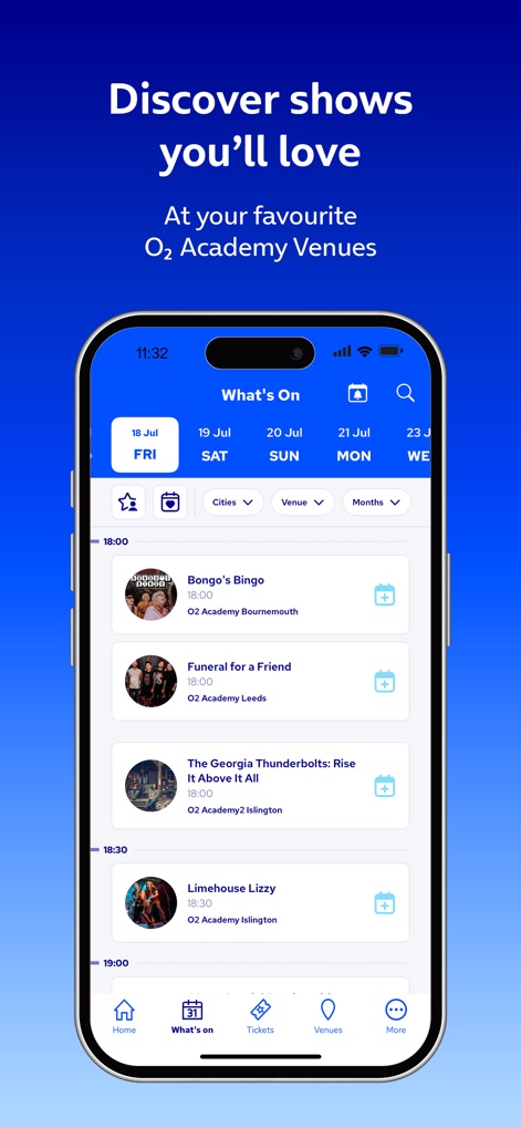 O2 Academy Venues - Users can effortlessly navigate upcoming events with a clear listing of dates, complemented by powerful filtering options for 'Cities' and 'Venue' to pinpoint desired shows.