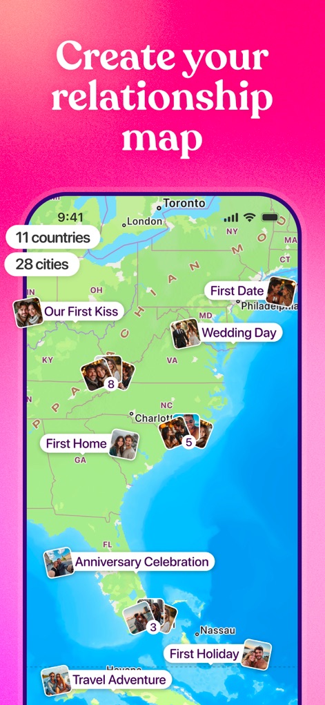 Couple Joy - Relationship App - O aplicativo permite a criação de um "Mapa do Relacionamento", visualizando a jornada do casal através de marcos geográficos e fotos de eventos.