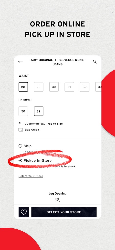 Levi's - Shop Denim & More - The app provides convenient 'Pickup In-Store' choices for users, alongside a comprehensive size selection interface for precise garment fit.
