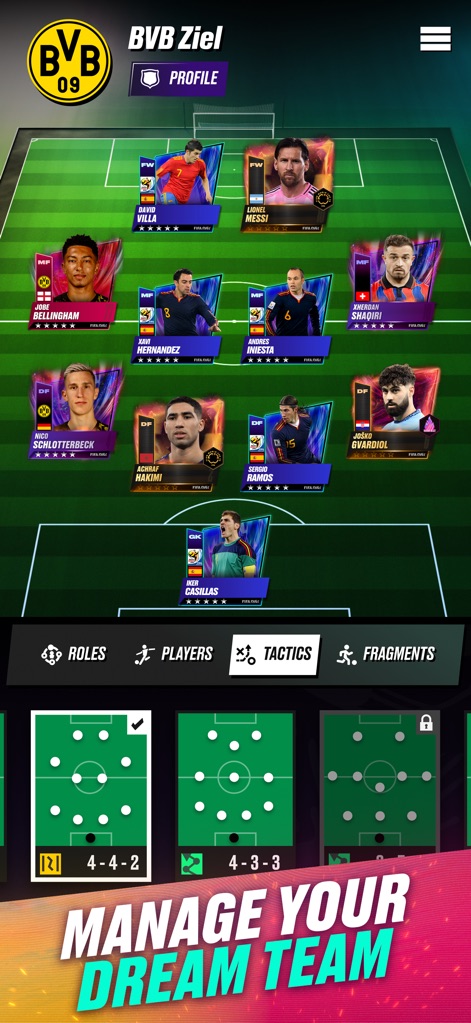 FIFA Rivals - Mobile Soccer - The app allows users to strategically assemble their dream squad, showcasing detailed player cards and various tactical formations like 4-4-2.