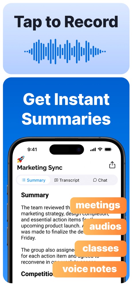 Summary - AI Note Taker App Store screenshot 2, headline “Tap to Record Get Instant Summaries”. Headline in Title Case.