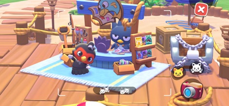 Hello Kitty Island Intro - La scène montre l'avatar du joueur et Badtz-Maru à un stand en bois, présentant des articles variés et une interface de capture photo discrète.