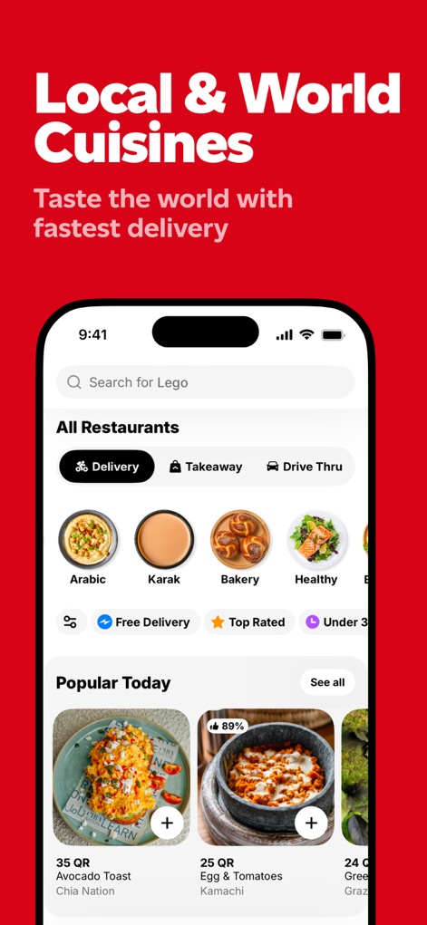 Snoonu: Food Delivery Service - La aplicación exhibe una amplia oferta gastronómica, permitiendo a los usuarios filtrar por opciones como Delivery o Recogida, y explorar una gran variedad de cocinas que van desde la árabe hasta la saludable.