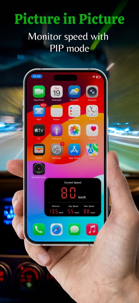 GPS Speedometer: MPH Tracker - Los usuarios pueden monitorear su velocidad con el modo Picture-in-Picture, que muestra la velocidad actual de 80 km/h y métricas clave como la distancia, sin salir de otras aplicaciones.