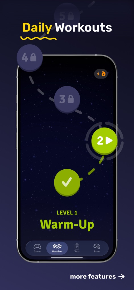 Clever: Brain Training Games - This tool offers structured daily challenges through its "Marathon" section, guiding users along a clear progression path with completed and upcoming levels.