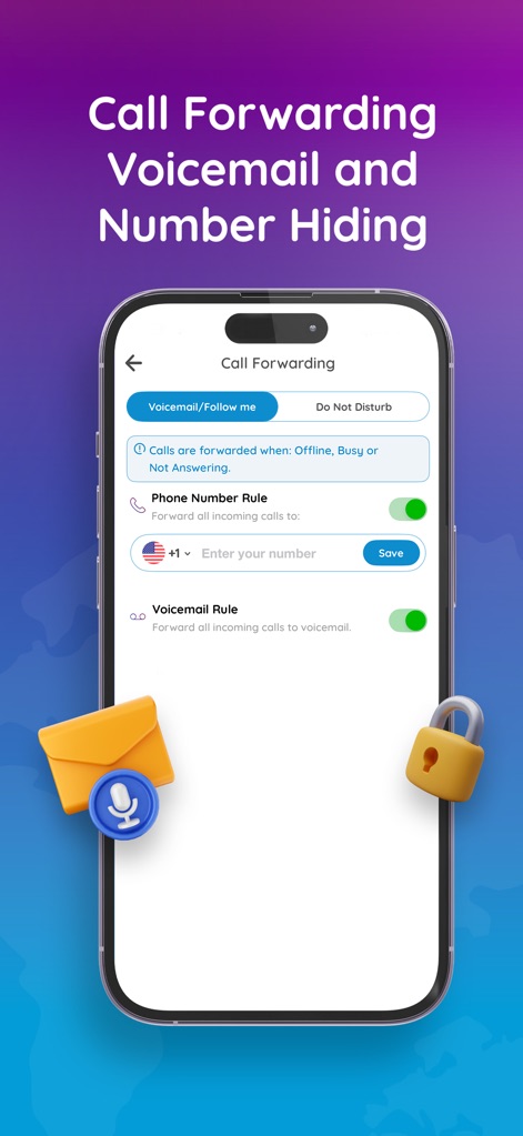 Numero: Data & Virtual Numbers - Die App bietet detaillierte Einstellungen für die Anrufweiterleitung und Voicemail, ersichtlich an der Option zur Nummernverbergung und dem Eingabefeld für die Weiterleitungsnummer mit Ländervorwahl.