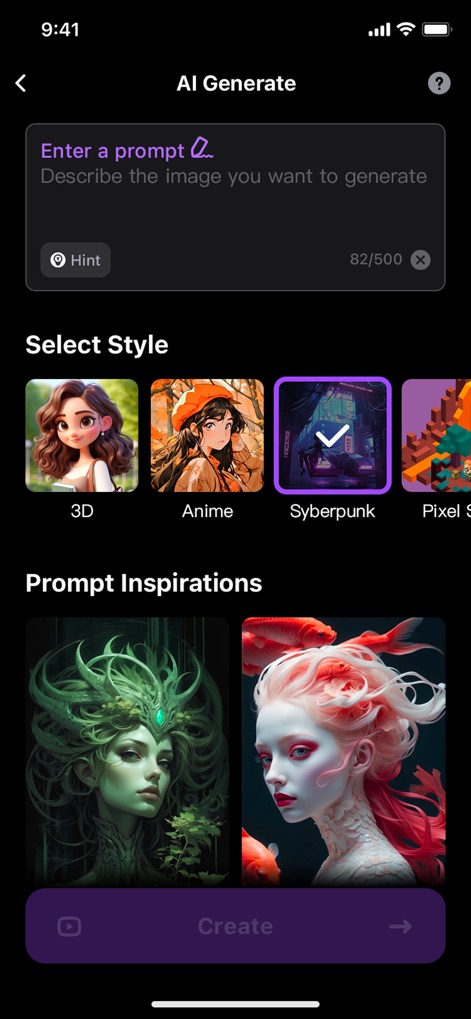 Wallpaper X – 4K HD wallpapers - Dive into the AI generation interface where users can 'Enter a prompt' for custom designs and select from various 'Select Style' presets like Cyberpunk or Anime.