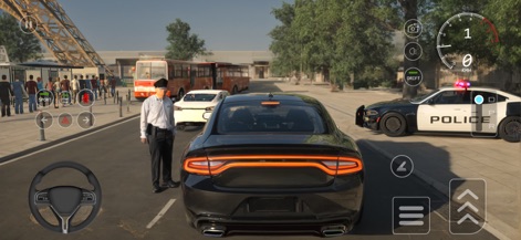 Car Driving 2026 : School Game - The game simulates urban environments where a police officer interacts with drivers, highlighted by a prominent police car and bustling pedestrian areas.