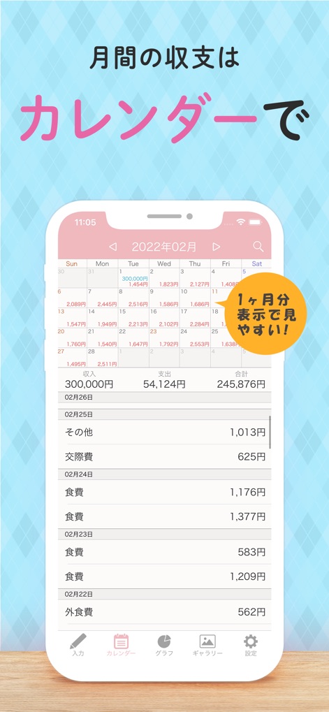 Caho可愛いかけいぼ！学生/夫婦おかね管理 - Users can effortlessly track their finances using the app's detailed calendar view, which presents a full month's transactions alongside a scrollable list of individual entries.