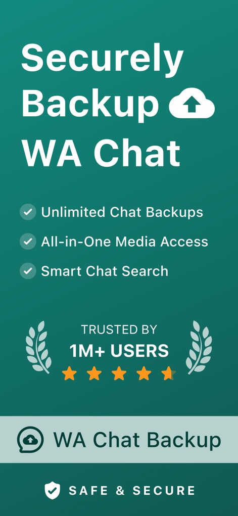 WT Chat Backup Restore Delete - Esta herramienta destaca sus funciones principales, como las copias de seguridad ilimitadas y el acceso a todo el contenido multimedia, enfatizando la seguridad y la confianza de más de 1 millón de usuarios.
