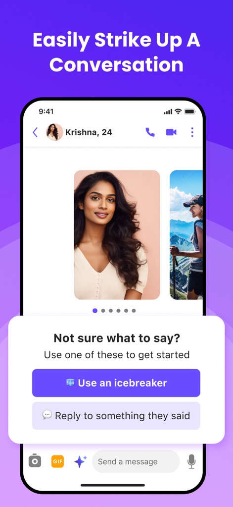 Dil Mil: South Asian Dating - L'interfaccia di chat intuitiva offre suggerimenti come "Use an icebreaker" e l'opzione per "Reply to something they said" per facilitare l'inizio della conversazione tra i match.