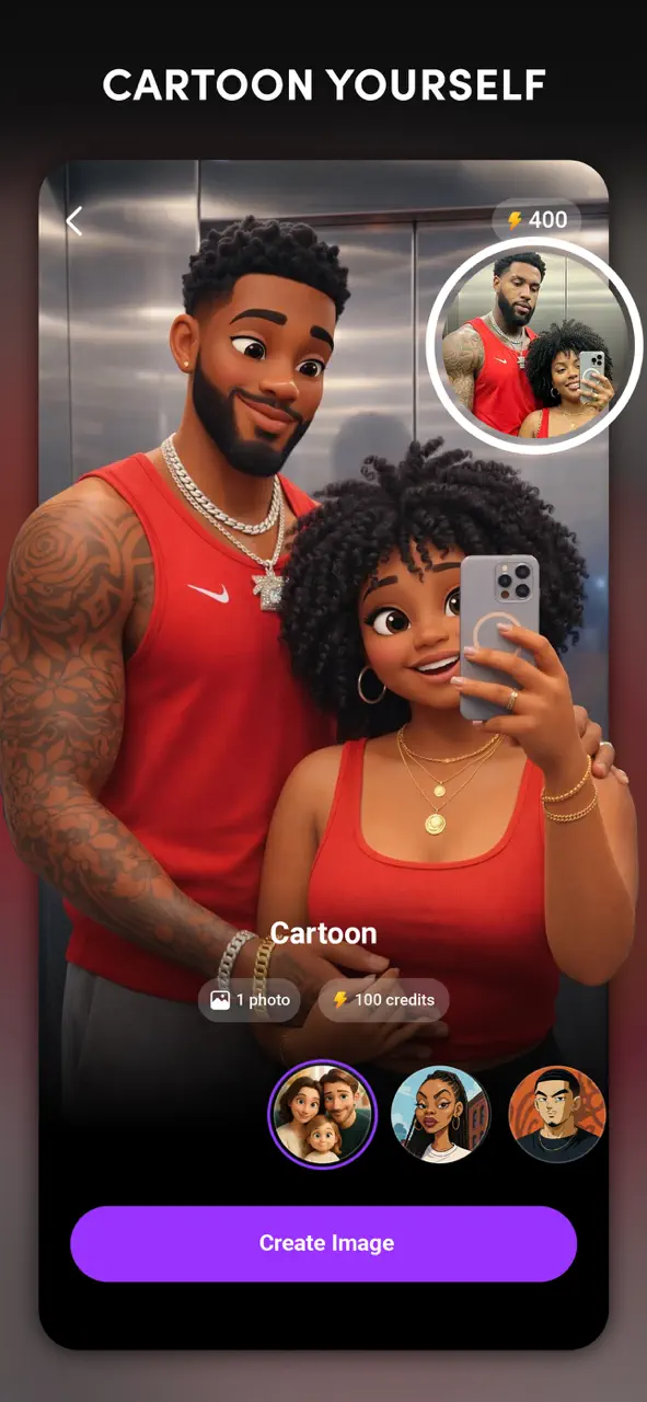 Interfaz móvil de ToonApp que muestra un filtro Polaroid con IA y plantillas de animación de video hiperrealistas.