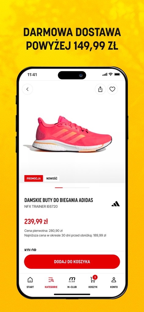 Martes Sport - A interface exibe um tênis de corrida rosa da Adidas com as etiquetas 'PROMOÇÃO' e 'NOVO', destacando o preço e a opção de 'ADICIONAR AO CARRINHO'.