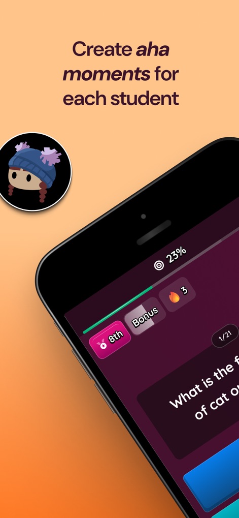Wayground - Esta interface mostra uma experiência de aprendizado gamificada, com a inclusão de um avatar de aluno personalizado e uma barra de progresso visual que incentiva o engajamento.