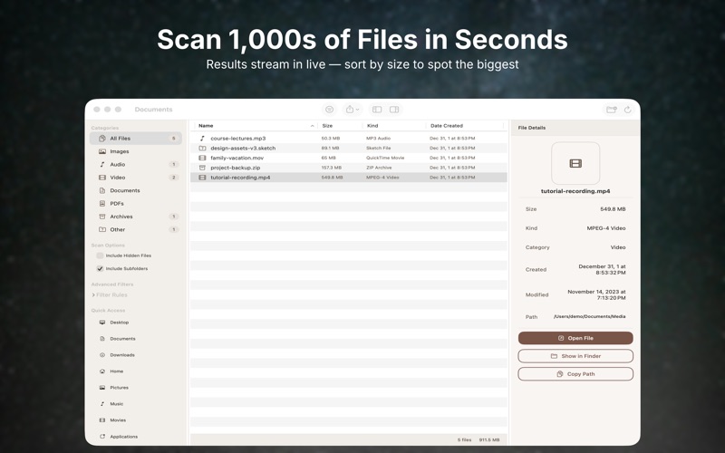 Size and date filters combined