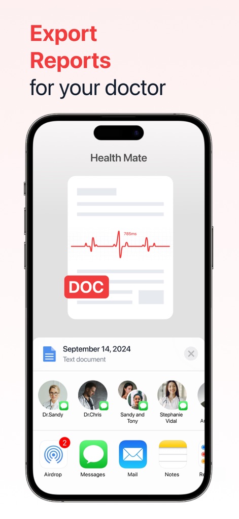 iHeart-Pulse Rate Monitor App. - The app facilitates secure sharing of health reports with healthcare providers, featuring a document preview and common sharing options.