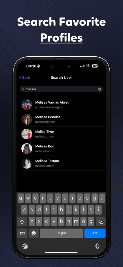 Postegro Tracker for Instagram - Users can easily search for 'Favorite Profiles' using the 'Search User' interface and an on-screen keyboard to find specific Instagram accounts.