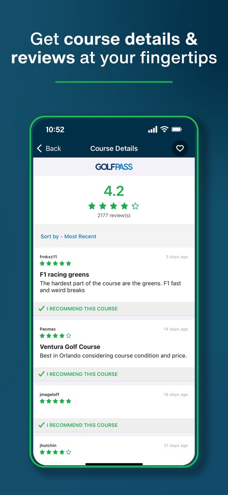 GolfNow Book TeeTimes Golf GPS - This tool provides comprehensive course details, including a "4.2" GolfPass rating and numerous user reviews with "I RECOMMEND THIS COURSE" flags, aiding golfers in their decision-making.