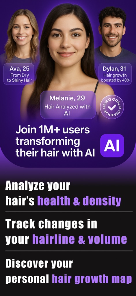 AI Hair Style&Care - HairMaxx - The app showcases its popularity by inviting users to 'Join 1M+ users' and highlights key features such as analyzing 'hair's health & density' and tracking changes in 'hairline & volume'.