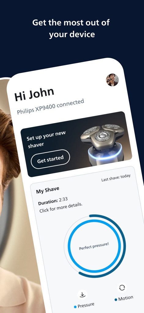 GroomTribe Styling and Shaving - ユーザーはフィリップスのBluetooth対応シェーバーを接続し、シェービングの「完璧な圧力」をリアルタイムで確認できます。接続されたデバイス情報とシェービング履歴が明確に表示されています。