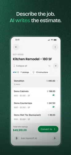 Handoff estimate builder showing line items with quantities, unit costs, and a running total