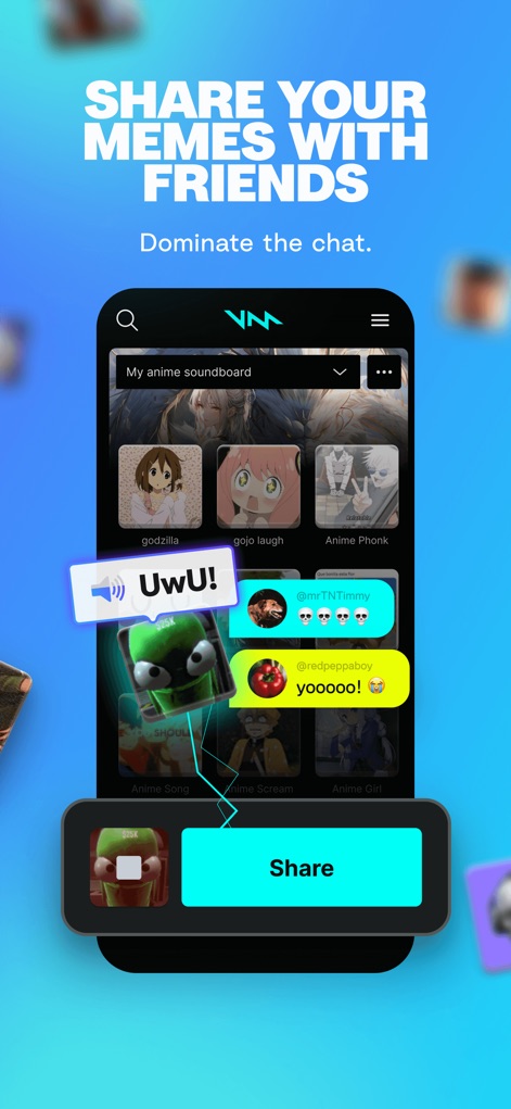Voicemod - The app simplifies sharing favorite meme sounds directly with friends in group chats, clearly indicated by the integrated chat bubbles showing shared audio and the prominent 'Share' button.