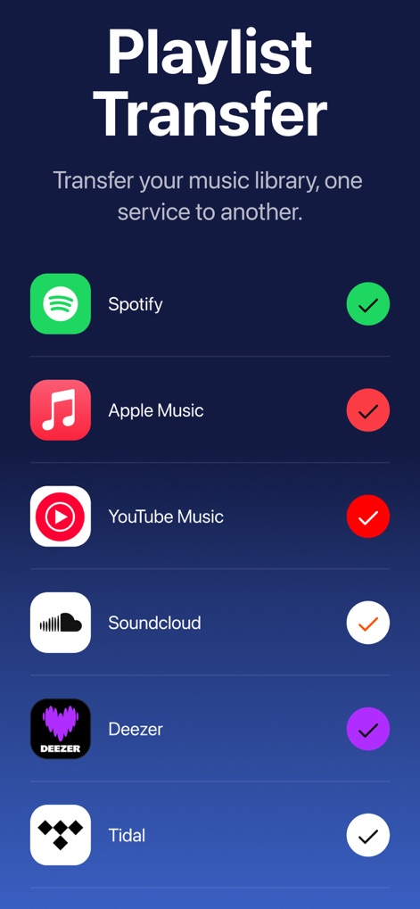 Playlist Transfer for My Music - La aplicación destaca su compatibilidad con servicios líderes mediante una lista clara de logos como Spotify y Apple Music, y distintivas marcas de verificación que indican su estado de conexión.