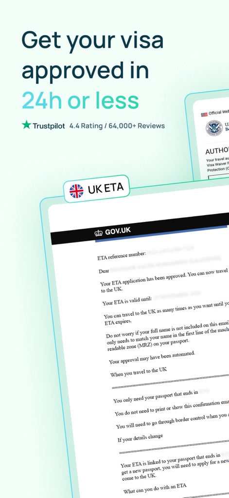 iVisa: ETA, eVisa, NZeTA, Visa - Esta captura muestra la promesa de aprobación en "24h o menos", validada por una excelente calificación en Trustpilot, y el detalle de un email de confirmación para una ETA del Reino Unido.