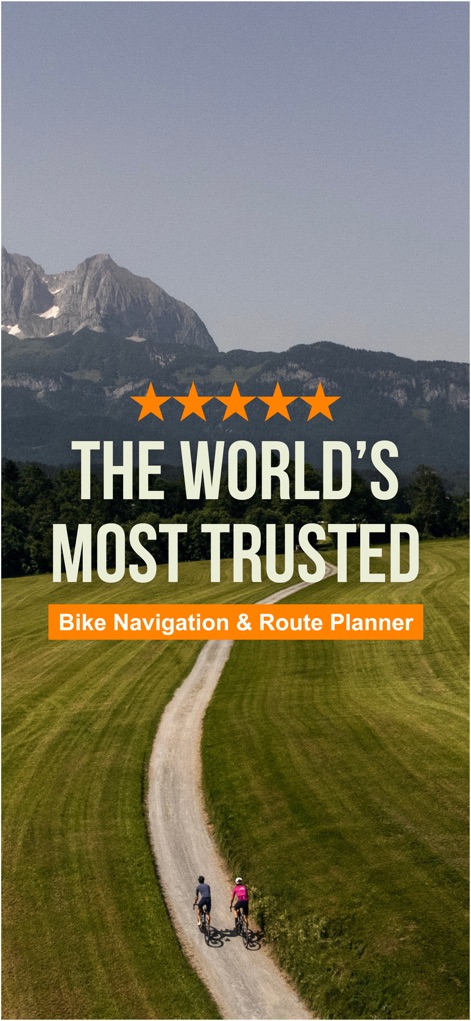 Ride with GPS: Bike Navigation - L'application souligne sa fiabilité avec une note de 5 étoiles et se présente comme le planificateur d'itinéraires cyclistes mondialement reconnu.