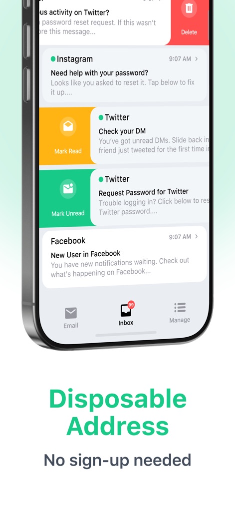 Temp Mail - Temporary Email - 이 앱은 다양한 소스에서 수신된 이메일을 명확하게 표시하며, 사용자는 '삭제' 버튼으로 원치 않는 메시지를 쉽게 관리할 수 있습니다.