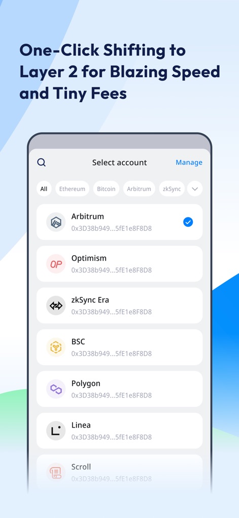 imToken: BTC & ETH Wallet - Users can effortlessly switch between various Layer 2 networks like Arbitrum and Optimism, with a clear list of available chains and account selection.
