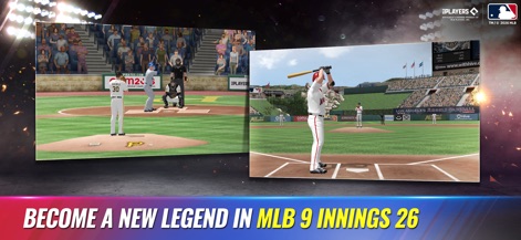 MLB 9 Innings 26 - La aplicación ofrece una experiencia de juego vibrante con dos vistas en pantalla, mostrando tanto la perspectiva del lanzador en el montículo como la del bateador listo para el swing.