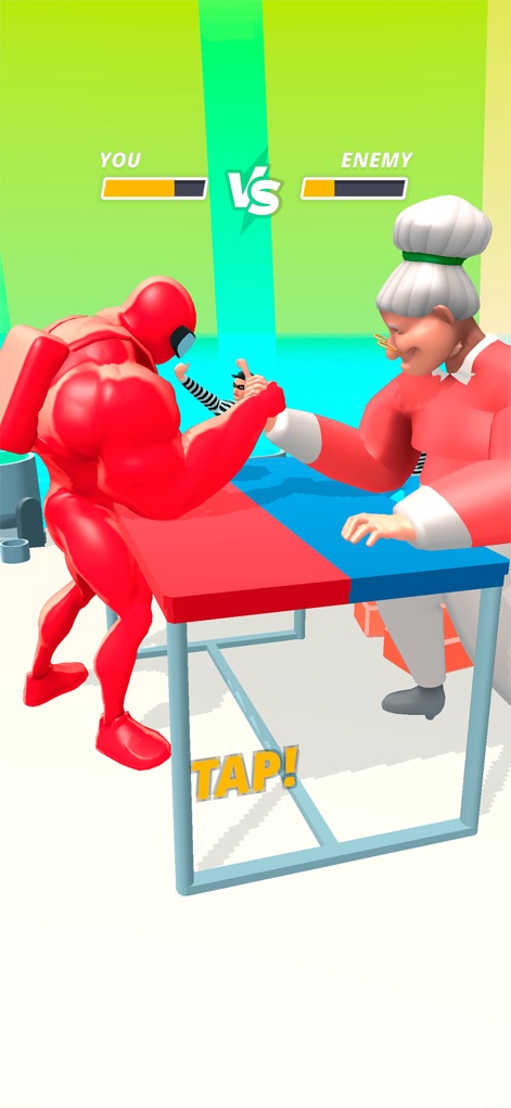 Muscle Rush - Destruction Run - This tool showcases intense arm-wrestling boss battles against unique opponents, including a surprisingly strong granny, requiring strategic tapping to win.