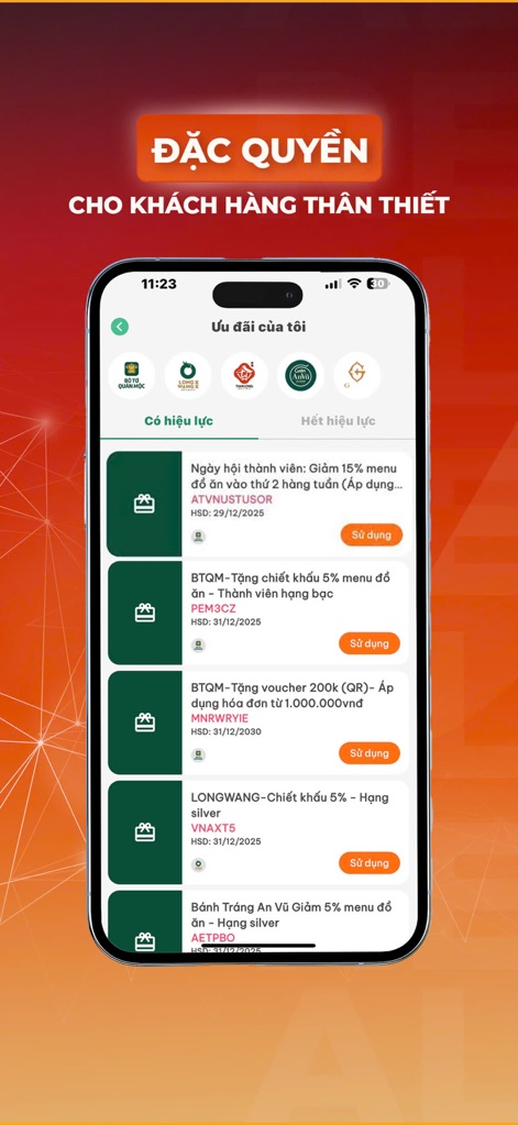 Aladdin Rewards - ユーザーは、利用可能なさまざまな特典や割引を一覧で確認でき、「Có hiệu lực」（有効）と「Hết hiệu lực」（期限切れ）のタブでそのステータスを効率的に管理できます。
