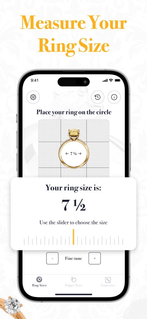 Ring Sizer - Size Measure App - Users can precisely determine ring size by placing a physical ring on the screen for measurement and fine-tuning with the intuitive slider.