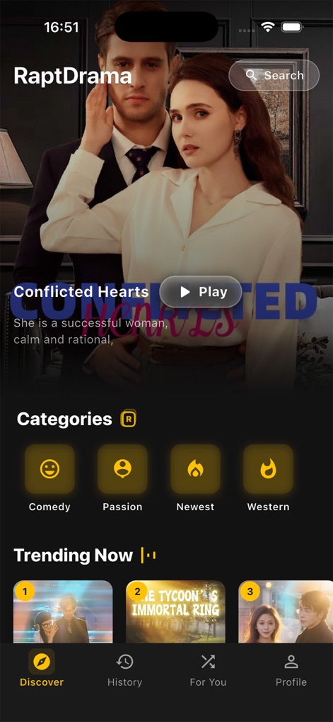 RaptDrama - 이 앱은 사용자에게 메인 화면에서 "Conflicted Hearts"와 같은 인기 드라마를 크게 보여주며, "Comedy" 및 "Passion"과 같은 다양한 장르 카테고리를 제공합니다.